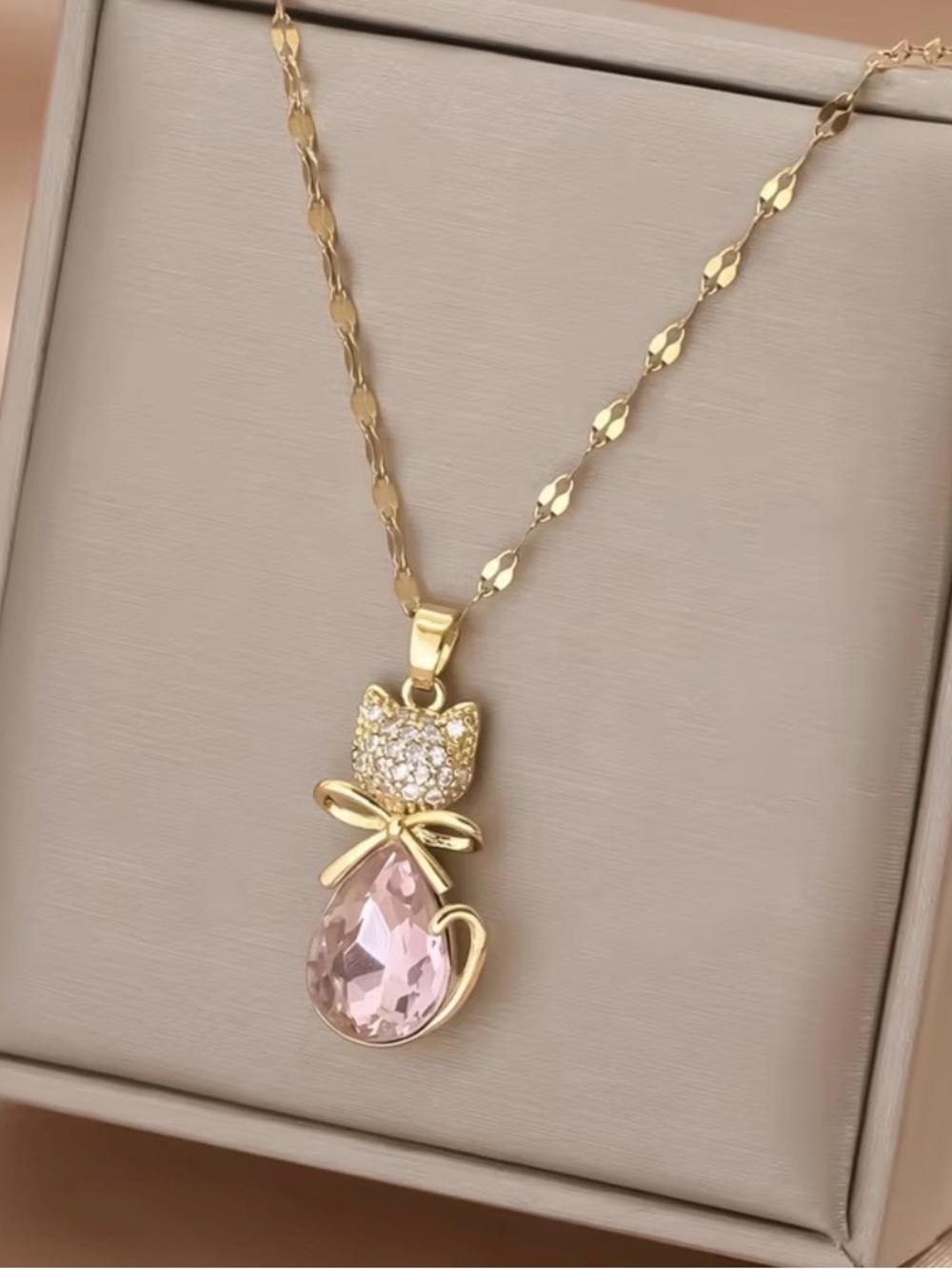 Gold Cat Pendant Necklace with Pink Teardrop Crystal 15 inch’s